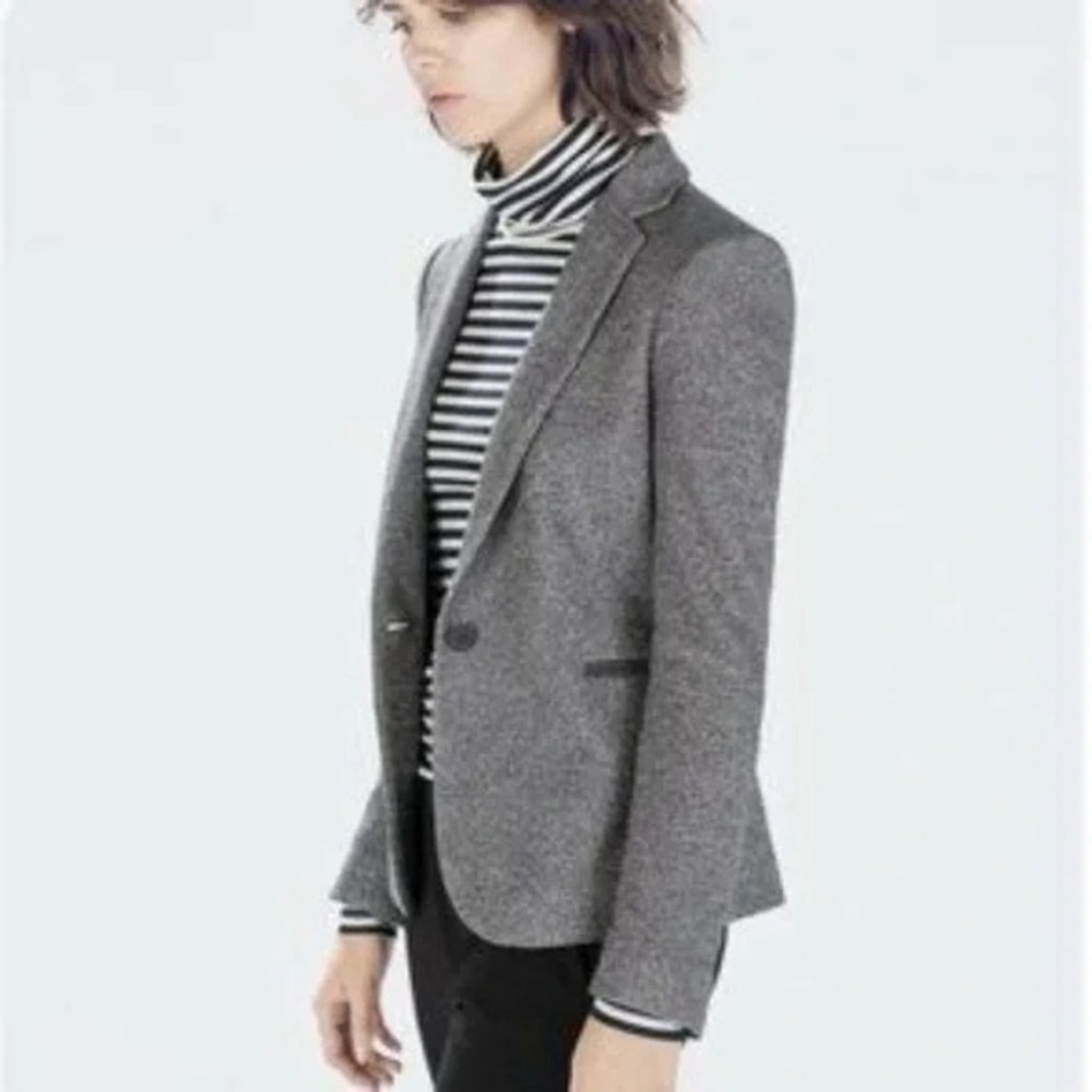Mango Tweed Plaid Wool Blazer with Elbow Patches Size M